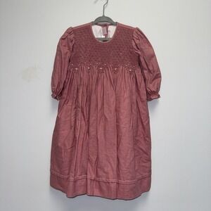 Vtg Smocked Dress Girls‎ Sz 3T Heirloom Will' Beth Pearls Pink Full length Linen